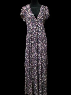 NATURAL LIFE Sz S Blue Purple Boho Floral V-Neck Maxi Dress